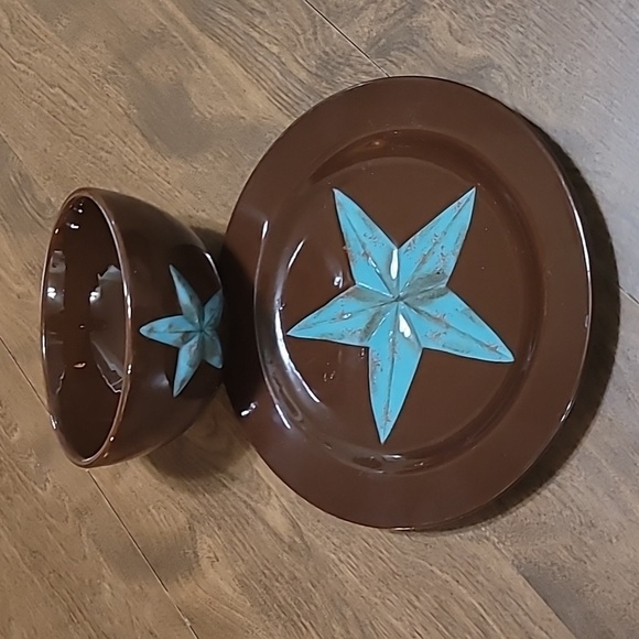 Hi End Accents plates/bowl set brown turquoise star - Picture 3 of 16